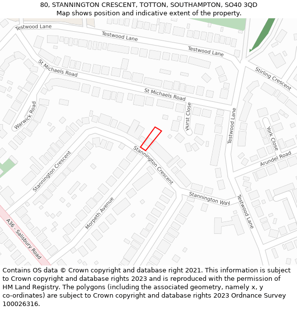 80, STANNINGTON CRESCENT, TOTTON, SOUTHAMPTON, SO40 3QD: Location map and indicative extent of plot