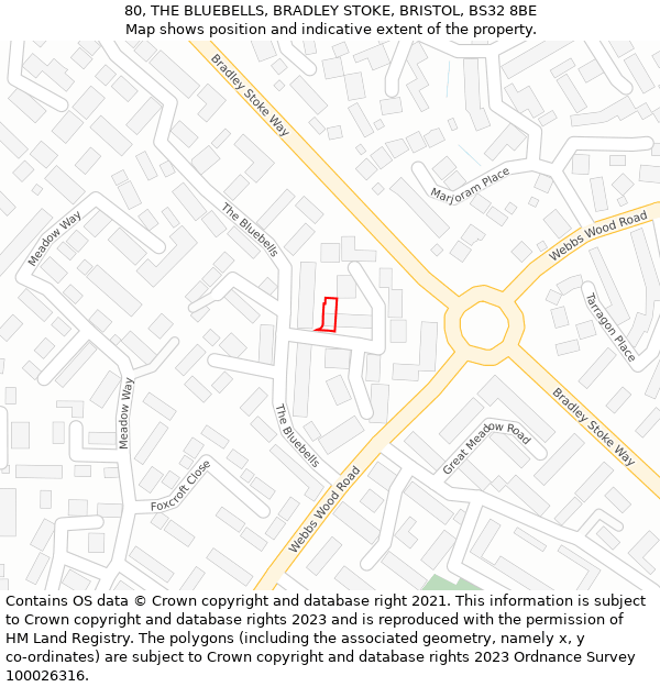 80, THE BLUEBELLS, BRADLEY STOKE, BRISTOL, BS32 8BE: Location map and indicative extent of plot