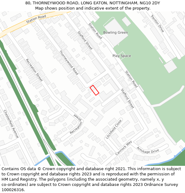 80, THORNEYWOOD ROAD, LONG EATON, NOTTINGHAM, NG10 2DY: Location map and indicative extent of plot