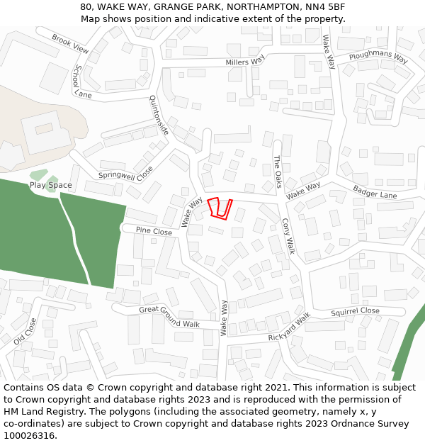 80, WAKE WAY, GRANGE PARK, NORTHAMPTON, NN4 5BF: Location map and indicative extent of plot