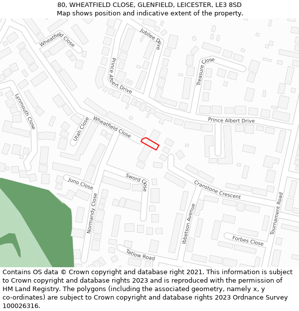 80, WHEATFIELD CLOSE, GLENFIELD, LEICESTER, LE3 8SD: Location map and indicative extent of plot