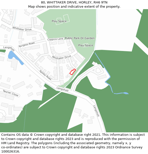 80, WHITTAKER DRIVE, HORLEY, RH6 9TN: Location map and indicative extent of plot