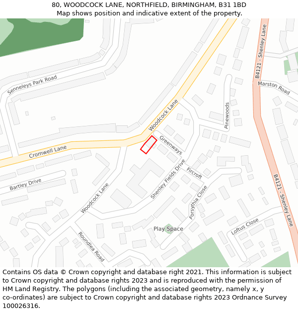 80, WOODCOCK LANE, NORTHFIELD, BIRMINGHAM, B31 1BD: Location map and indicative extent of plot