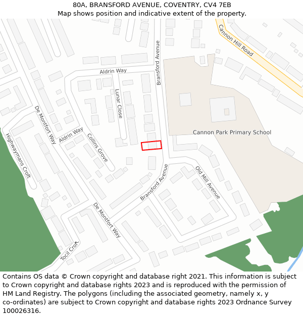 80A, BRANSFORD AVENUE, COVENTRY, CV4 7EB: Location map and indicative extent of plot