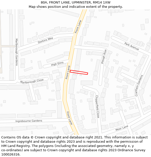 80A, FRONT LANE, UPMINSTER, RM14 1XW: Location map and indicative extent of plot