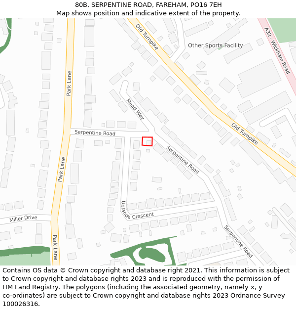 80B, SERPENTINE ROAD, FAREHAM, PO16 7EH: Location map and indicative extent of plot