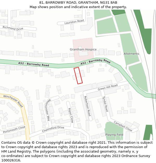 81, BARROWBY ROAD, GRANTHAM, NG31 8AB: Location map and indicative extent of plot