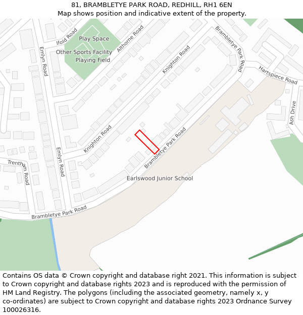 81, BRAMBLETYE PARK ROAD, REDHILL, RH1 6EN: Location map and indicative extent of plot
