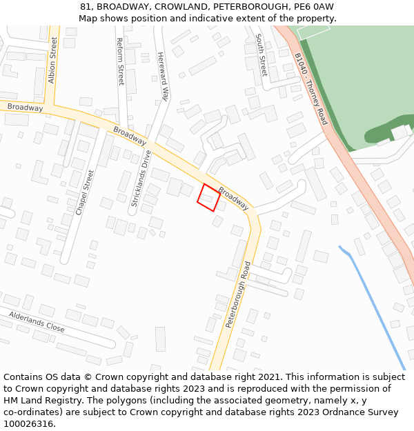 81, BROADWAY, CROWLAND, PETERBOROUGH, PE6 0AW: Location map and indicative extent of plot
