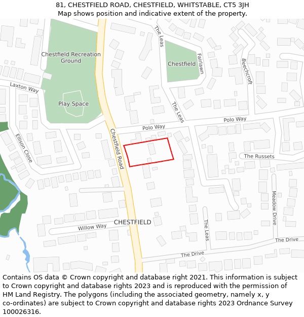 81, CHESTFIELD ROAD, CHESTFIELD, WHITSTABLE, CT5 3JH: Location map and indicative extent of plot