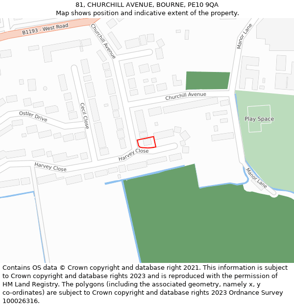 81, CHURCHILL AVENUE, BOURNE, PE10 9QA: Location map and indicative extent of plot