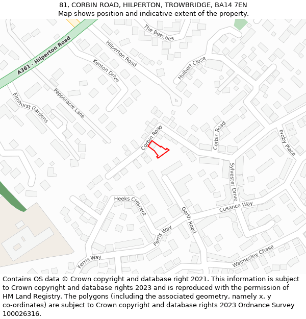 81, CORBIN ROAD, HILPERTON, TROWBRIDGE, BA14 7EN: Location map and indicative extent of plot