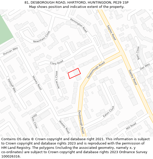 81, DESBOROUGH ROAD, HARTFORD, HUNTINGDON, PE29 1SP: Location map and indicative extent of plot