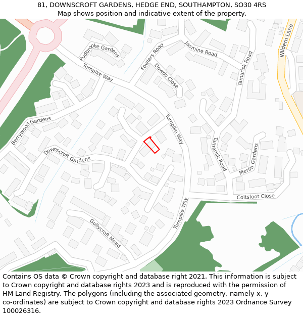 81, DOWNSCROFT GARDENS, HEDGE END, SOUTHAMPTON, SO30 4RS: Location map and indicative extent of plot