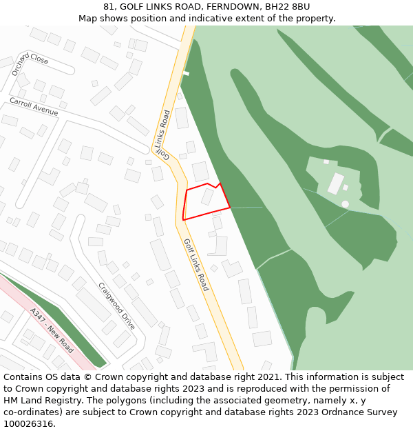 81, GOLF LINKS ROAD, FERNDOWN, BH22 8BU: Location map and indicative extent of plot