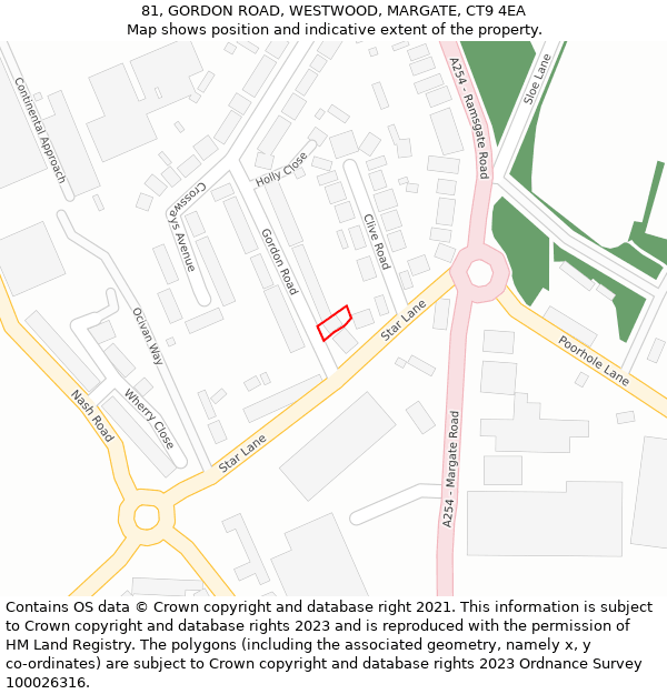 81, GORDON ROAD, WESTWOOD, MARGATE, CT9 4EA: Location map and indicative extent of plot