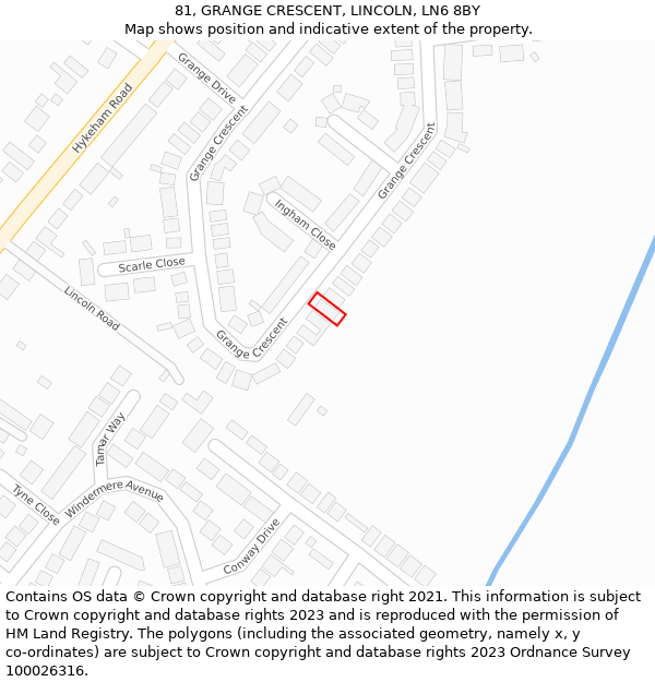 81, GRANGE CRESCENT, LINCOLN, LN6 8BY: Location map and indicative extent of plot