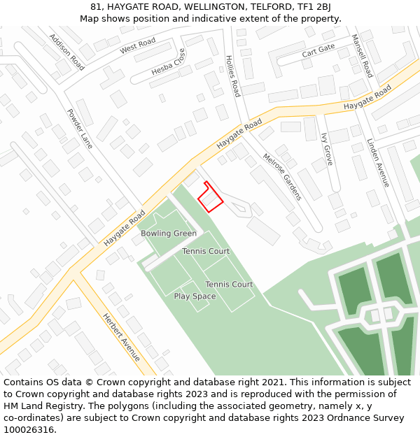 81, HAYGATE ROAD, WELLINGTON, TELFORD, TF1 2BJ: Location map and indicative extent of plot
