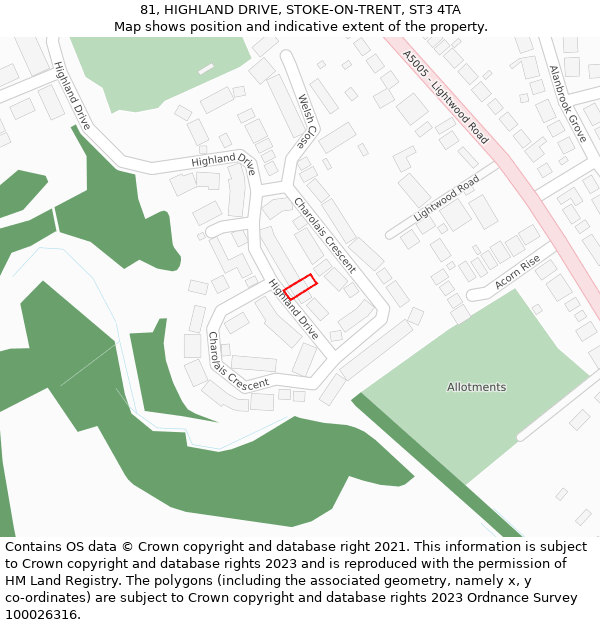 81, HIGHLAND DRIVE, STOKE-ON-TRENT, ST3 4TA: Location map and indicative extent of plot