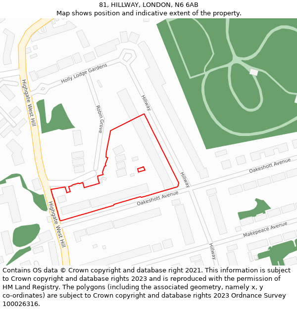 81, HILLWAY, LONDON, N6 6AB: Location map and indicative extent of plot