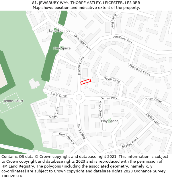 81, JEWSBURY WAY, THORPE ASTLEY, LEICESTER, LE3 3RR: Location map and indicative extent of plot