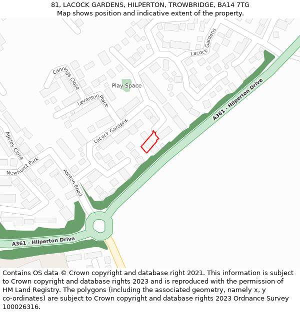 81, LACOCK GARDENS, HILPERTON, TROWBRIDGE, BA14 7TG: Location map and indicative extent of plot