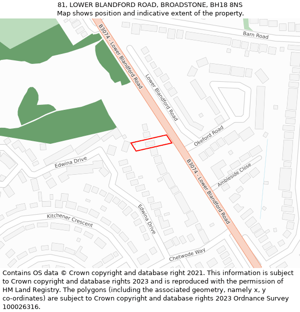 81, LOWER BLANDFORD ROAD, BROADSTONE, BH18 8NS: Location map and indicative extent of plot