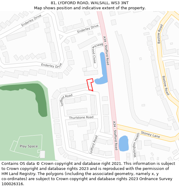 81, LYDFORD ROAD, WALSALL, WS3 3NT: Location map and indicative extent of plot