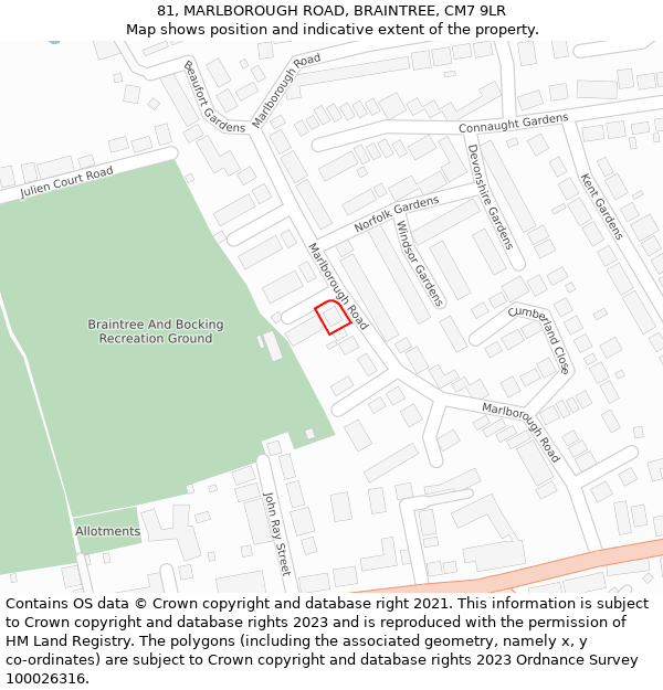81, MARLBOROUGH ROAD, BRAINTREE, CM7 9LR: Location map and indicative extent of plot