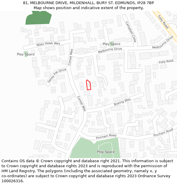 81, MELBOURNE DRIVE, MILDENHALL, BURY ST. EDMUNDS, IP28 7BP: Location map and indicative extent of plot
