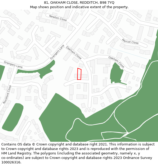 81, OAKHAM CLOSE, REDDITCH, B98 7YQ: Location map and indicative extent of plot