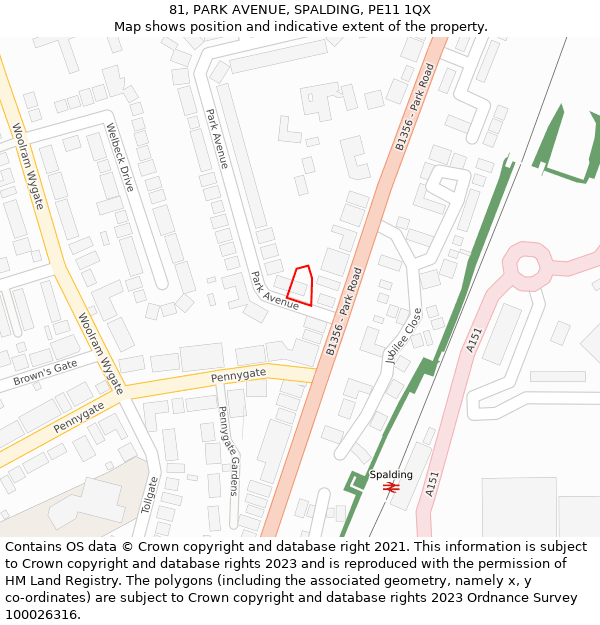 81, PARK AVENUE, SPALDING, PE11 1QX: Location map and indicative extent of plot