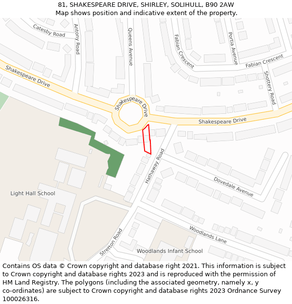 81, SHAKESPEARE DRIVE, SHIRLEY, SOLIHULL, B90 2AW: Location map and indicative extent of plot