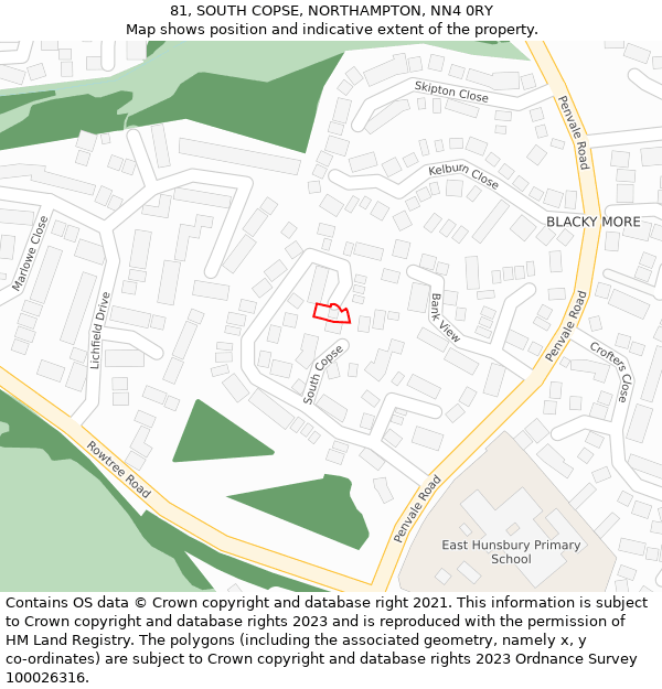 81, SOUTH COPSE, NORTHAMPTON, NN4 0RY: Location map and indicative extent of plot