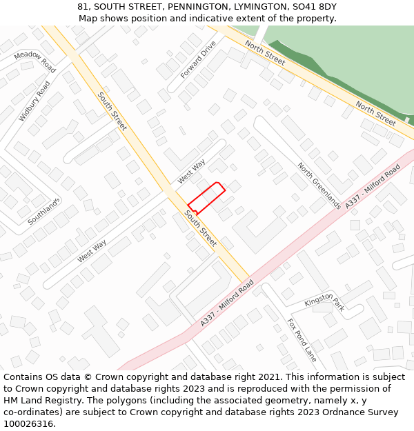 81, SOUTH STREET, PENNINGTON, LYMINGTON, SO41 8DY: Location map and indicative extent of plot