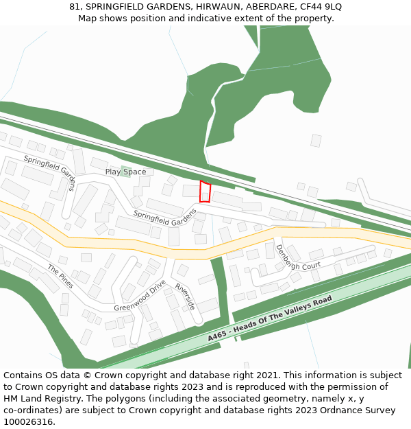 81, SPRINGFIELD GARDENS, HIRWAUN, ABERDARE, CF44 9LQ: Location map and indicative extent of plot