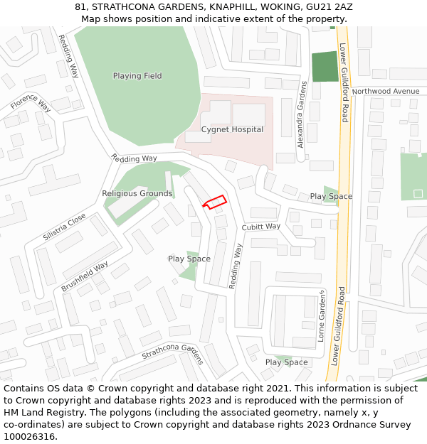 81, STRATHCONA GARDENS, KNAPHILL, WOKING, GU21 2AZ: Location map and indicative extent of plot