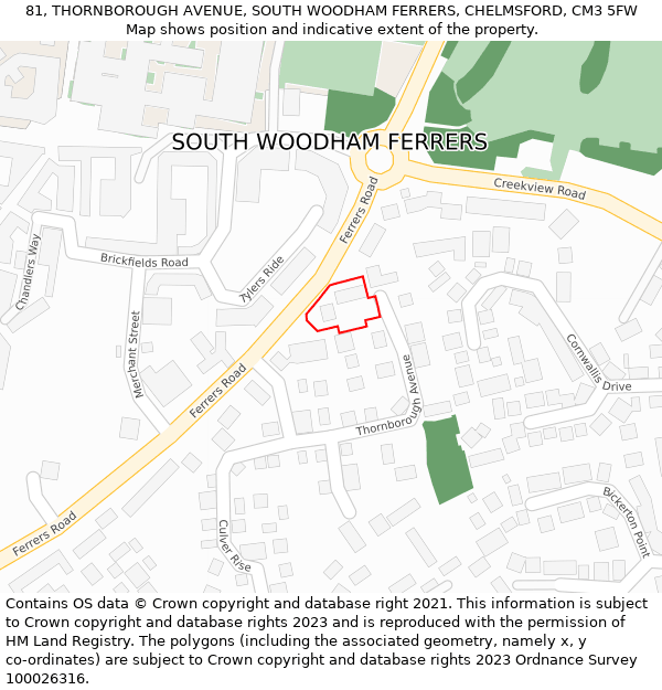 81, THORNBOROUGH AVENUE, SOUTH WOODHAM FERRERS, CHELMSFORD, CM3 5FW: Location map and indicative extent of plot