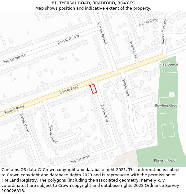 81, TYERSAL ROAD, BRADFORD, BD4 8ES: Location map and indicative extent of plot