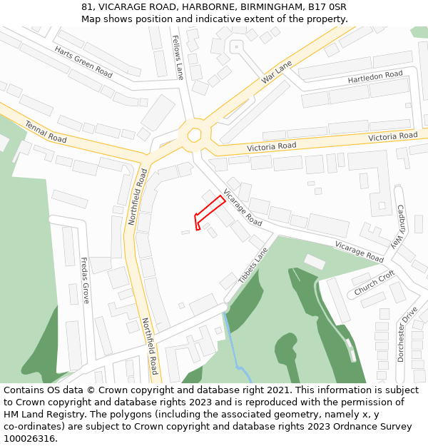 81, VICARAGE ROAD, HARBORNE, BIRMINGHAM, B17 0SR: Location map and indicative extent of plot