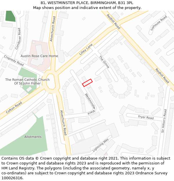 81, WESTMINSTER PLACE, BIRMINGHAM, B31 3PL: Location map and indicative extent of plot