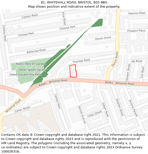 81, WHITEHALL ROAD, BRISTOL, BS5 9BG: Location map and indicative extent of plot