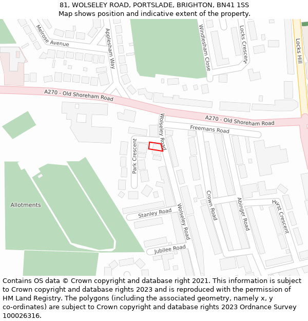 81, WOLSELEY ROAD, PORTSLADE, BRIGHTON, BN41 1SS: Location map and indicative extent of plot