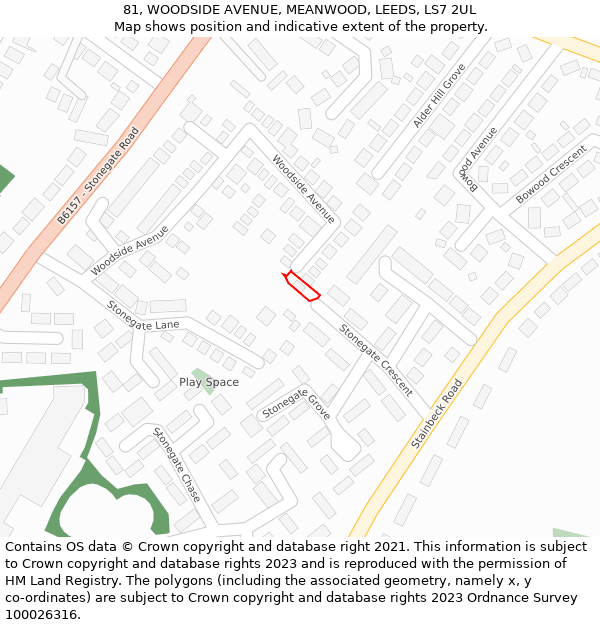81, WOODSIDE AVENUE, MEANWOOD, LEEDS, LS7 2UL: Location map and indicative extent of plot