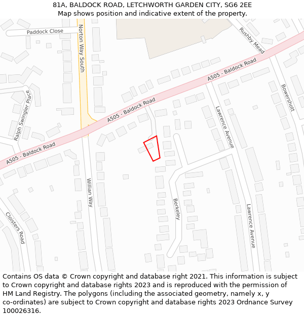 81A, BALDOCK ROAD, LETCHWORTH GARDEN CITY, SG6 2EE: Location map and indicative extent of plot