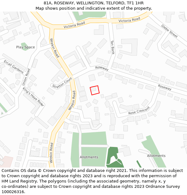 81A, ROSEWAY, WELLINGTON, TELFORD, TF1 1HR: Location map and indicative extent of plot