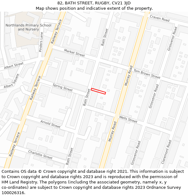 82, BATH STREET, RUGBY, CV21 3JD: Location map and indicative extent of plot