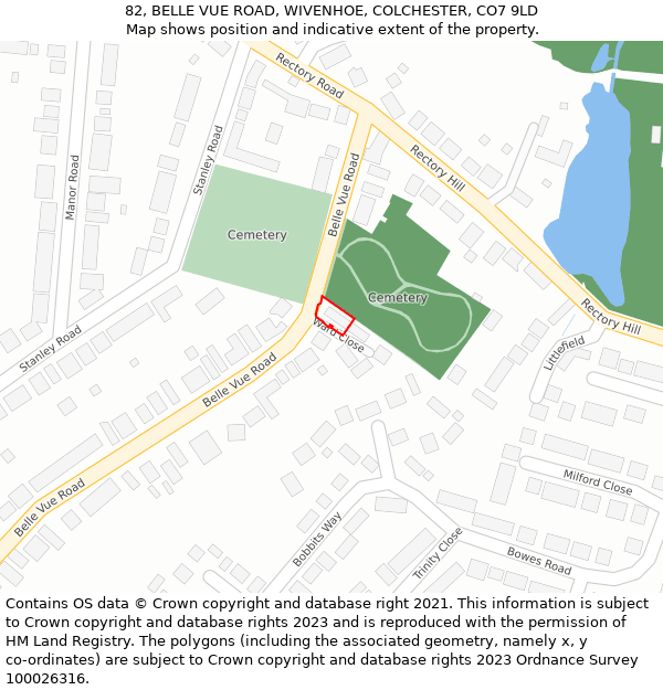 82, BELLE VUE ROAD, WIVENHOE, COLCHESTER, CO7 9LD: Location map and indicative extent of plot