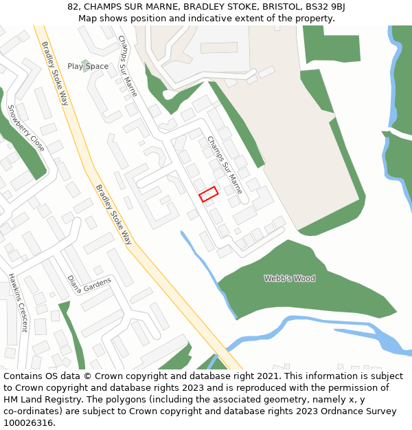 82, CHAMPS SUR MARNE, BRADLEY STOKE, BRISTOL, BS32 9BJ: Location map and indicative extent of plot