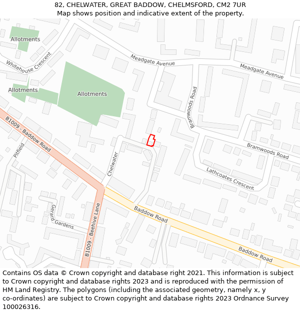 82, CHELWATER, GREAT BADDOW, CHELMSFORD, CM2 7UR: Location map and indicative extent of plot